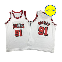 Kids Youth Rodman Bulls Classic Throwback #91 Basketball Jersey White